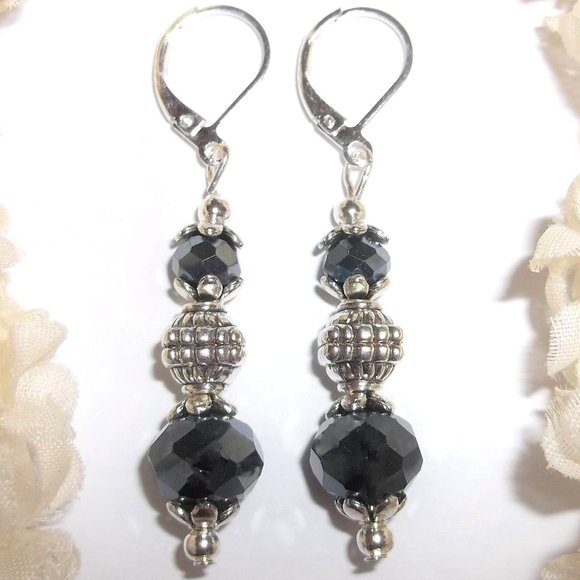 wvluckygirl Jewelry - Navy Blue Beaded Glass Earrings Dangle Drop Silver Lever Back Jewelry Gift 7051